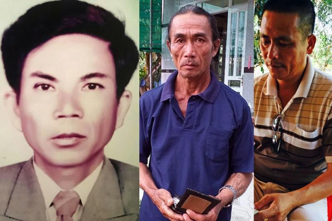Từ trái sang: Di ảnh ông Võ Tê; ông Võ Ngọc (con trai ông Tê) và anh Đỗ Thanh An, người hàng chục năm truy tìm kẻ giết mẹ mình. Ảnh Phương Nam