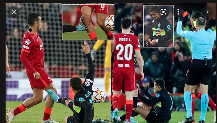 Alexis Sanchez nhận thẻ đỏ gây tranh cãi chỉ 2 phút sau khi Inter Milan mở tỷ số trước Liverpool ở sân Anfield