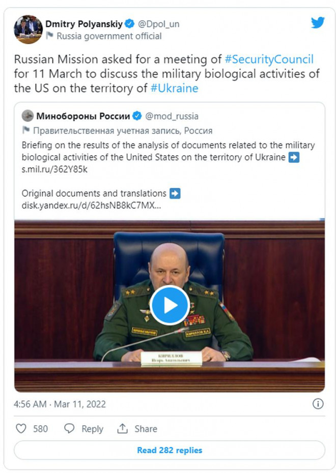 Chính quyền Nga kêu gọi Hội đồng Bảo an Liên Hợp Quốc tiến hành cuộc họp để thảo luận về chương trình vũ khí sinh học do Mỹ tài trợ ở Ukraine. Ảnh: TWITTER