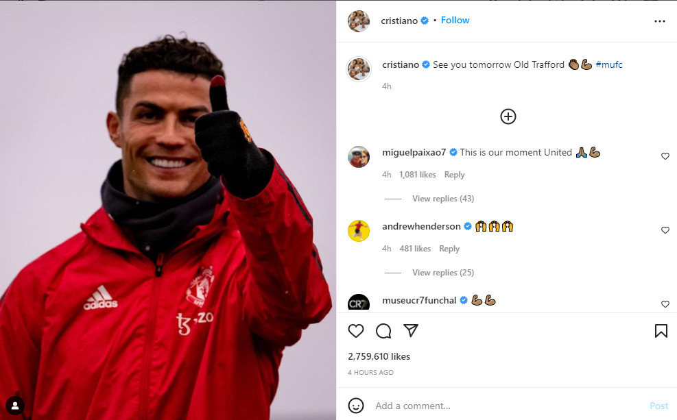 Thông báo của Ronaldo trên Instagram