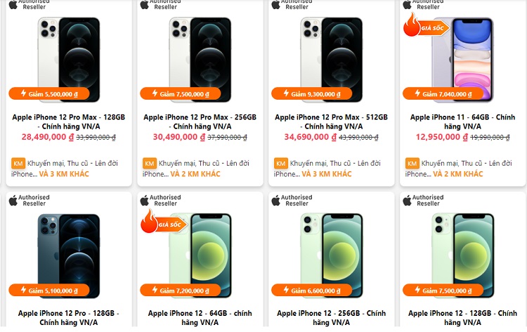 Hàng loạt iPhone đang giảm giá từ 5-8 triệu đồng. (Ảnh chụp màn hình).