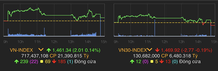 VN-Index tăng 2,01 điểm (0,14%) lên 1.461,34 điểm.