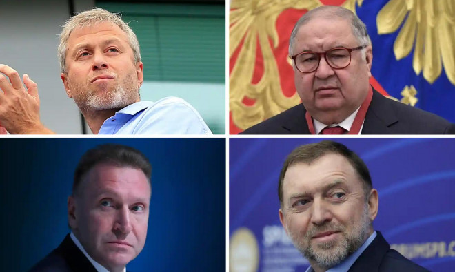 Theo chiều kim đồng hồ, từ trái qua: Các doanh nhân Roman Abramovich, Alisher Usmanov, Oleg Deripaska và Igor Shuvalov. Ảnh: Reuters/PA&nbsp;