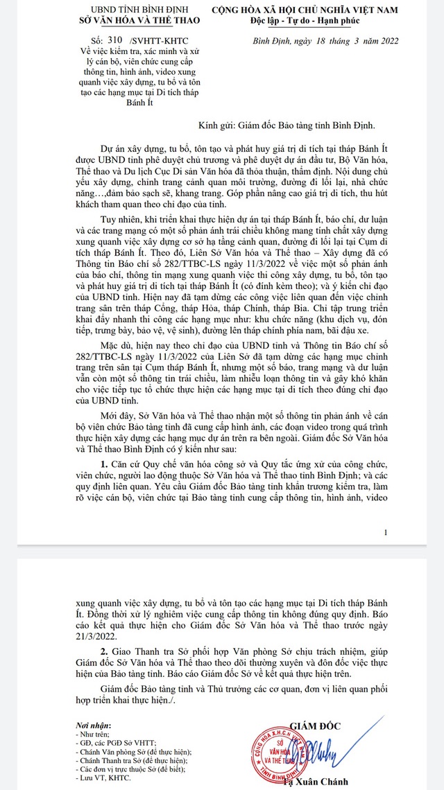 Văn bản của Giám đốc Sở VH-TT Bình Định về việc “truy” người cung cấp thông tin tôn tạo tháp Bánh Ít cho báo chí