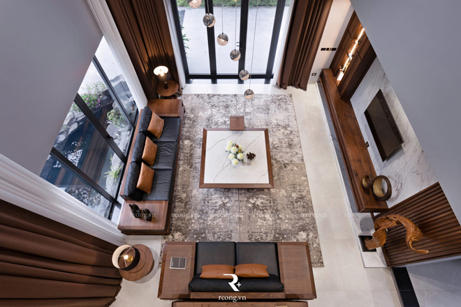 Không gian phòng khách biệt thự tại Vĩnh Phúc full nội thất gỗ óc chó