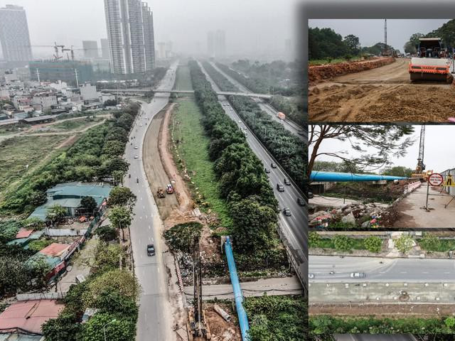 Kinh doanh - Xem công trường mở rộng đường gom, khắc phục tình trạng "cứ mưa là ngập" ở Đại lộ Thăng Long