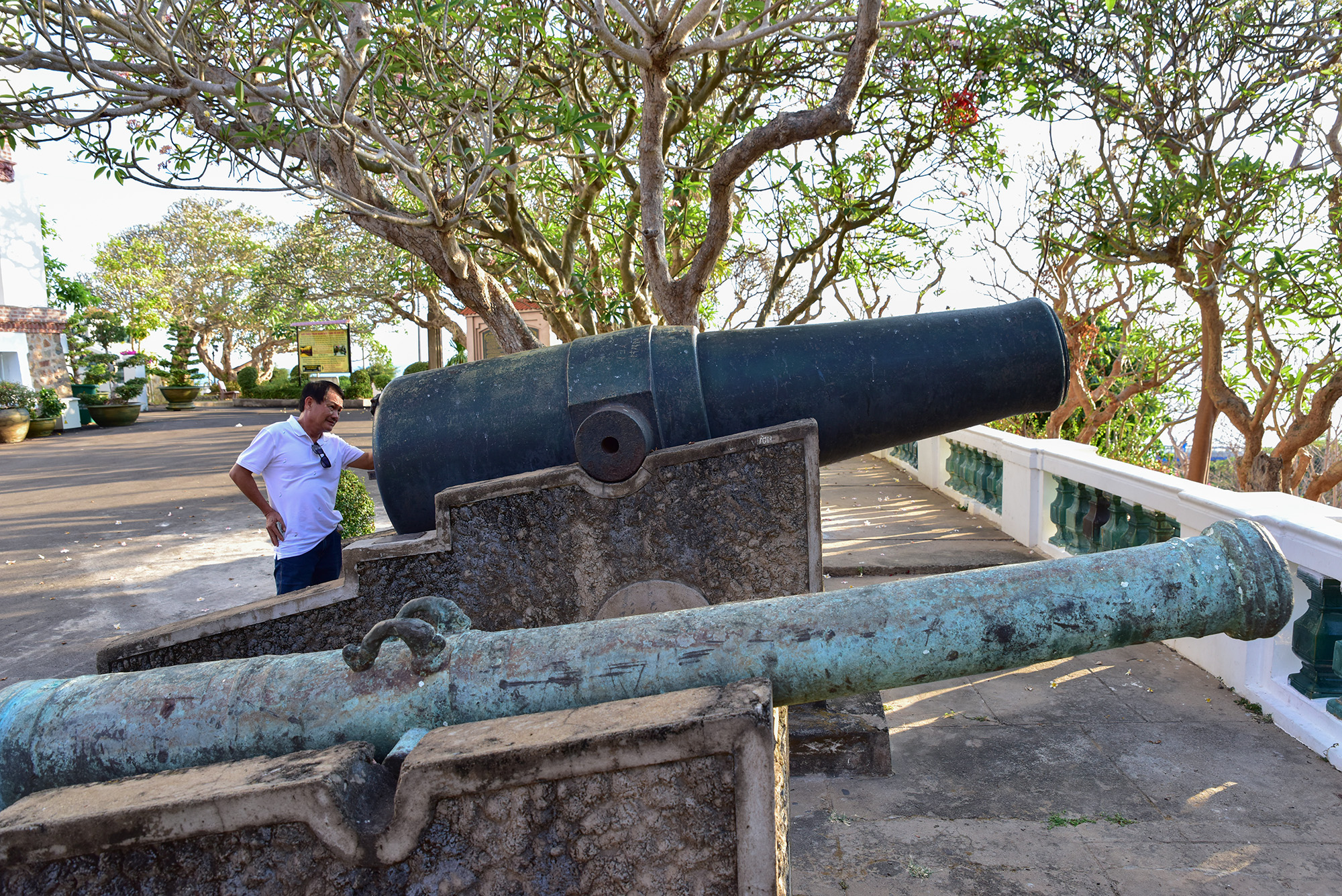 Trước khi xây dựng Bạch Dinh, nơi đây từng là pháo đài Phước Thắng nằm trên sườn núi do vua Minh Mạng nhà Nguyễn cho xây dựng để khống chế cửa biển Cần Giờ. Hiện nay xung quanh sân dinh được trưng bày một số khẩu thần công và đại bác các loại.