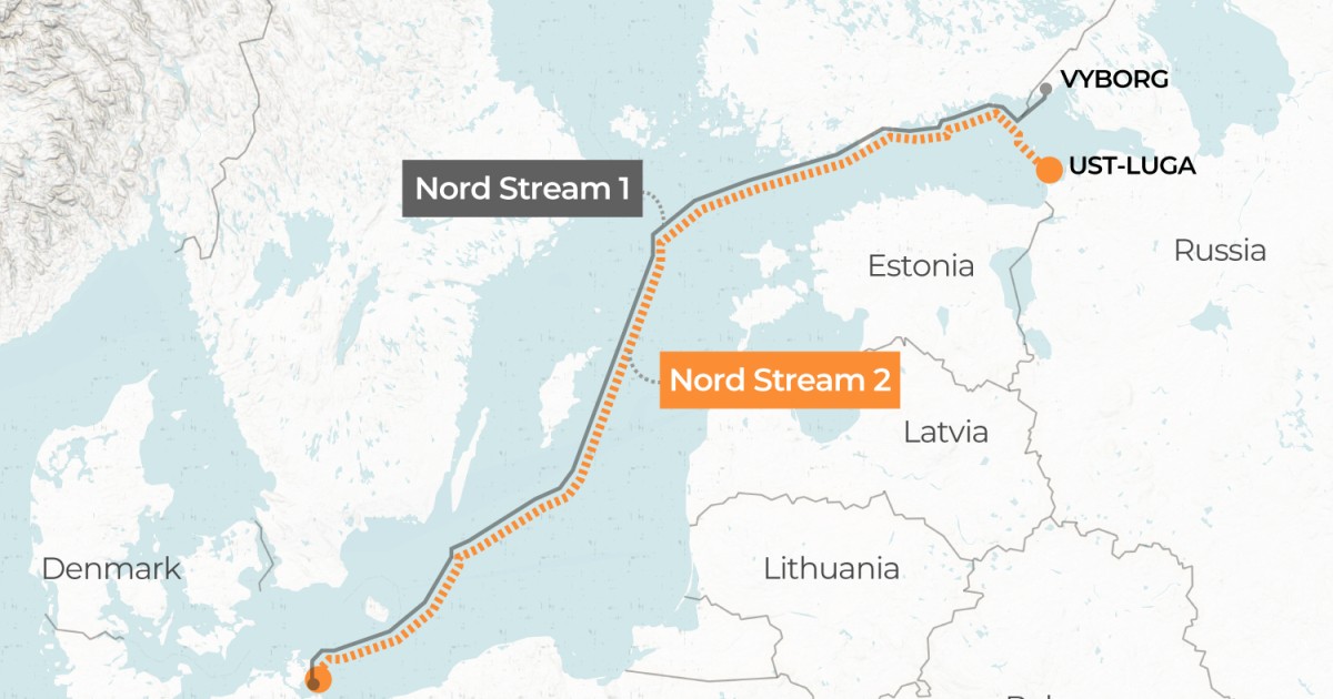 Sơ đồ dự án đường ống dẫn khí đốt Nord Stream 1 và 2 từ Nga sang Đức (ảnh&nbsp;: Aljazeera)