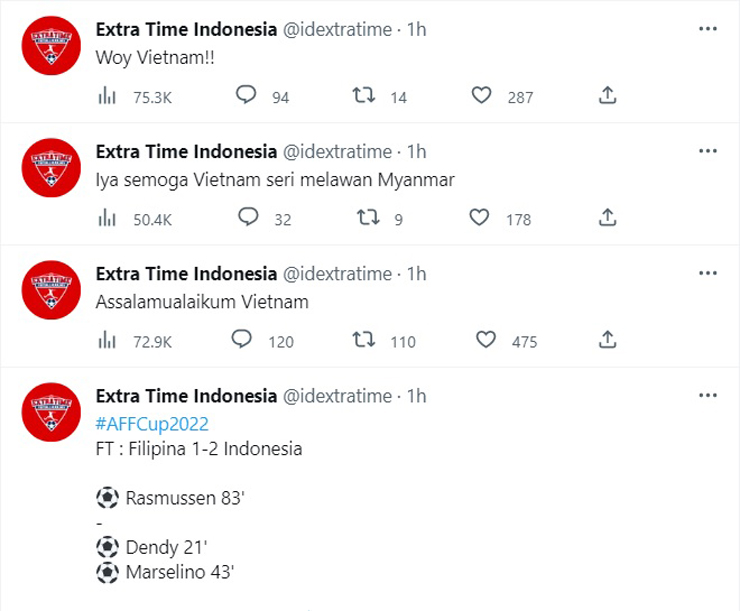 Extra Time Indonesia có liền 3 bài viết cảm thán về Việt Nam sau khi Indonesia nhì bảng
