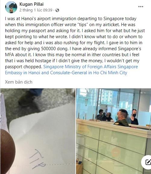 Thông tin đăng trên mạng xã hội ngày 2-1 của tài khoản Kugan Pillai đến từ Singapore về sự việc. Ảnh chụp màn hình