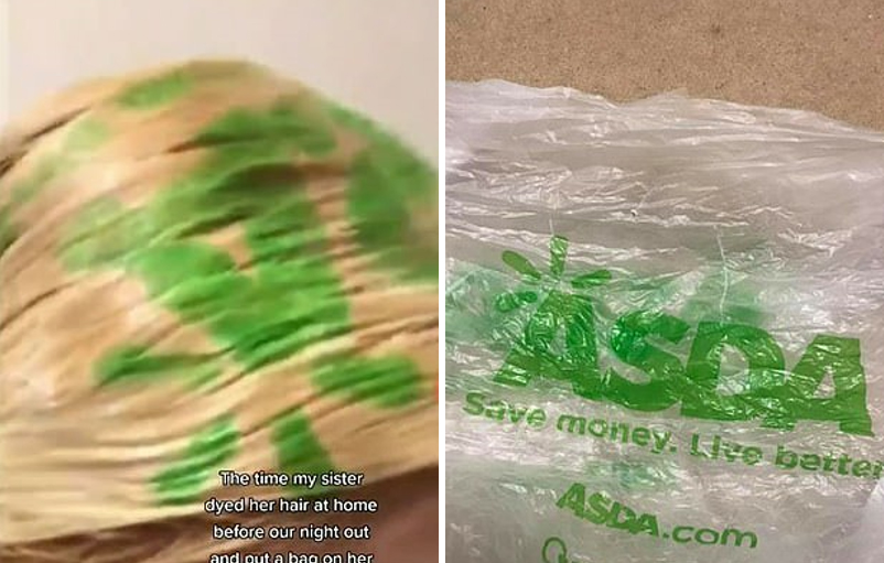 Có thể nhìn thấy rõ ngôi sao trên logo Asda trên đỉnh đầu của cô ấy