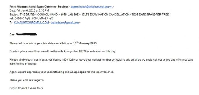 Hội đồng Anh gửi email cho thí sinh cho hay do hệ thống ngừng hoạt động nên không thể tổ chức thi vào ngày 10-1