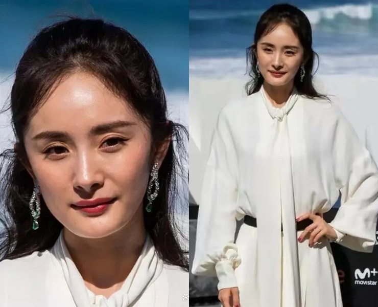 Ánh mắt mệt mỏi, kiểu tóc làm lộ khuyết điểm vầng trán nhô khiến Dương Mịch trở nên già nua.