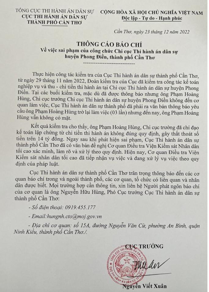 Thông báo của Cục THADS TP Cần Thơ liên quan ông Phạm Hoàng Hùng