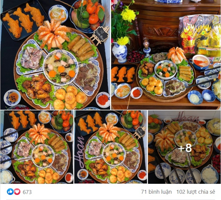Chị Vũ Thanh Hoa có lẽ là người sớm nhất khoe mâm cúng ông Táo nhà mình. Chị cho biết năm nào cũng vậy, vào ngày này chị sẽ chuẩn bị một mâm cúng chỉnh chu, tươm tất để báo cáo với Thần linh, gia tiên và đặc biệt là ông Công ông Táo về một năm qua. Sau đó, chị sẽ đi thả cá chép ở sông, gửi gắm những mong muốn của mình vào đó. Mâm cúng của chị năm nay gồm có canh bóng thập cẩm, giò xào, nem rán, bò sốt tiêu đen, bánh chưng, gà rang muối, tôm hấp nước dừa, xôi gấc, hoa quả.