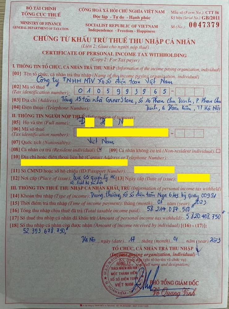 Chứng từ khấu trừ thuế thu nhập cá nhân của ông Đ.H.N.