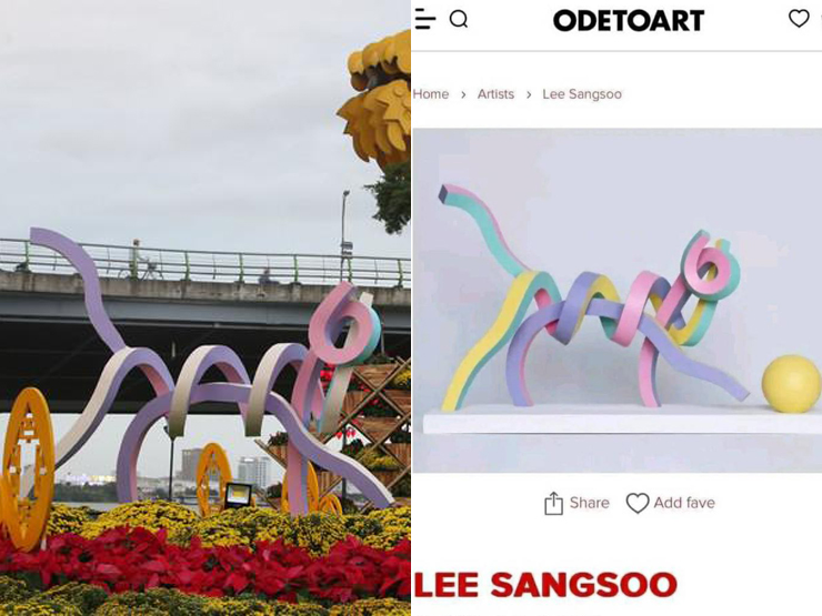 Tượng mèo linh vật tại khuôn viên bờ Đông cầu Rồng - Đà Nẵng và thiết kế tượng mèo của một nhà thiết kế Hàn Quốc vào năm 2021 (ảnh phải)