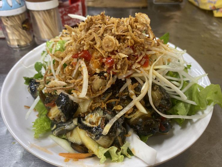 Thành phẩm dĩa gỏi ốc bươu nhìn bắt mắt mà hương vị thì lại rất đậm đà