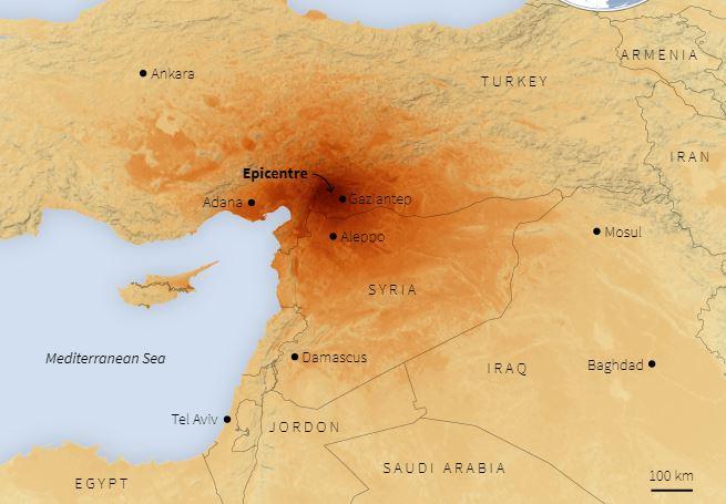 Theo Reuters, tâm chấn của vụ động đất được xác định nằm ở phía Bắc thành phố Gaziantep của Thổ Nhĩ Kỳ, cách biên giới Syria khoảng 90 km vào rạng sáng 6/2 (giờ địa phương). Trung tâm Nghiên cứu Khoa học Địa chất Đức (GFZ) cho biết, trận động đất xảy ra ở độ sâu 18 km.