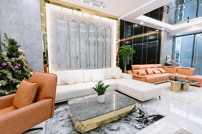 Mẫu sofa nâng hạ màu da bò sang trọng hiện đại