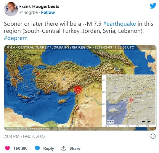 Bài đăng của Frank Hoogerbeets thu hút sự chú ý sau khi trận động đất xảy ra ở biên giới Thổ Nhĩ Kỳ - Syria. Ảnh chụp màn hình