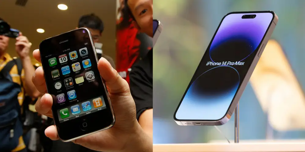 iPhone đầu tiên (trái) và iPhone 14 Pro Max (phải).