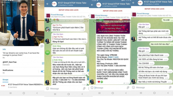 Những tin nhắn trong nhóm lừa đảo trên ứng dụng Telegram dụ bị hại từ làm cộng tác viên thu âm đến mua hàng ảo.