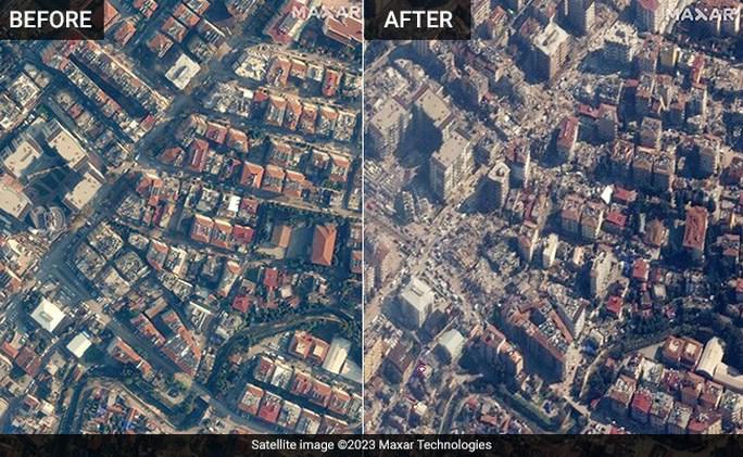 Hình ảnh trước và sau trận động đất huỷ diệt ở Thổ Nhĩ Kỳ. Ảnh: Maxax Technologies