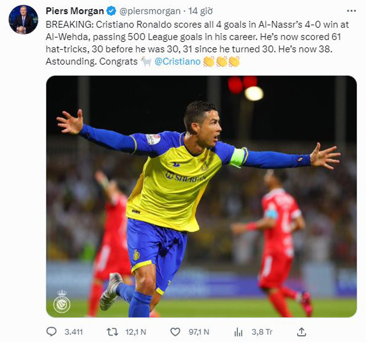 Nhà báo Piers Morgan khen ngợi Ronaldo