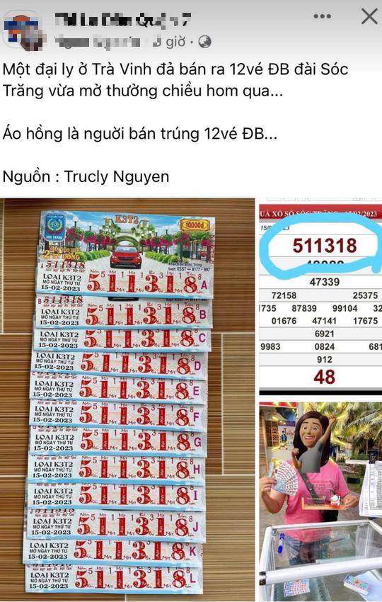 Hình ảnh lan truyền trên mạng về một đại lý ở Trà Vinh bán 12 tờ vé số trúng giải đặc biệt. Ảnh: Facebook