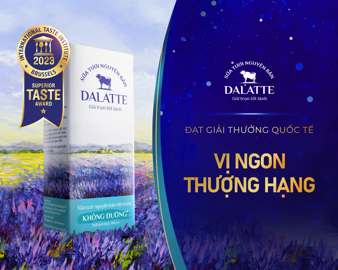Sữa tươi nguyên bản Dalatte vinh dự nhận giải thưởng quốc tế Vị ngon thượng hạng 2023. Ảnh: Dalatte