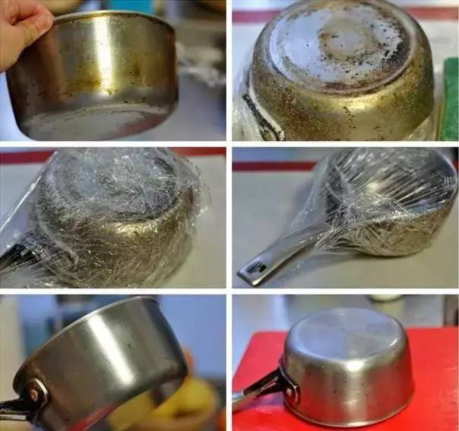 Làm sạch đáy nồi: Tất cả những gì bạn cần để loại bỏ đáy nồi là baking soda và màng bọc thực phẩm.&nbsp;Nhúng nước lên bề mặt nồi bị ố và rắc baking soda lên.&nbsp;Bọc toàn bộ đáy nồi bằng màng bọc thực phẩm và để yên qua đêm. Chà bằng miếng cọ rửa bát vào sáng hôm sau, mọi vết bẩn biến mất.
