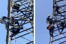 Giải cứu người phụ nữ trèo lên cột điện cao 25m ở Hà Nội