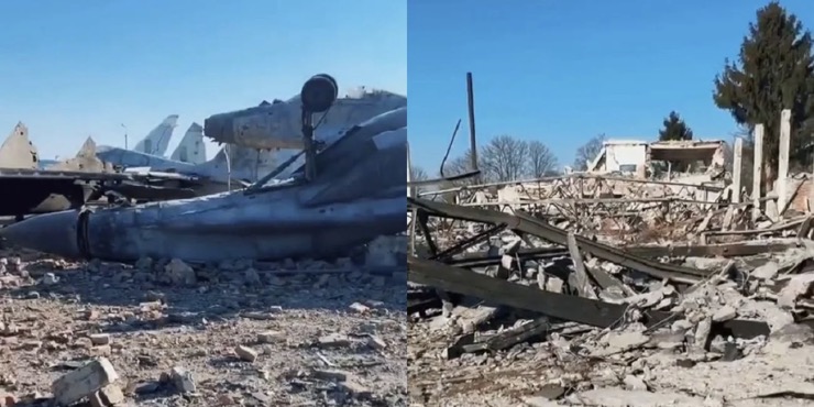 Chiến đấu cơ Ukraine bị lật úp bên cạnh đống đổ nát.