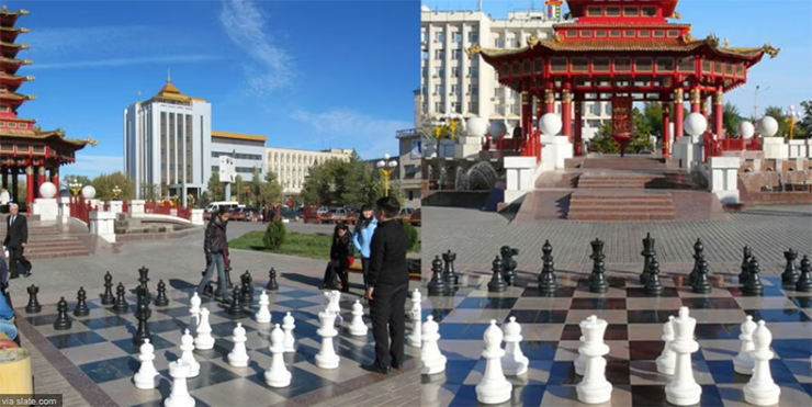 Thành phố cờ vua: Nằm ở phía đông của thành phố Elista, thành phố cờ vua là một khu chung cư rộng rãi, nơi diễn ra hầu hết các giải đấu và sự kiện liên quan đến cờ vua. Quyết định xây dựng thành phố cờ vua được đưa ra bởi chủ tịch của Cộng hòa Kalmykia, cũng là một người đam mê cờ vua và là chủ tịch của tổ chức cờ vua quốc tế.
