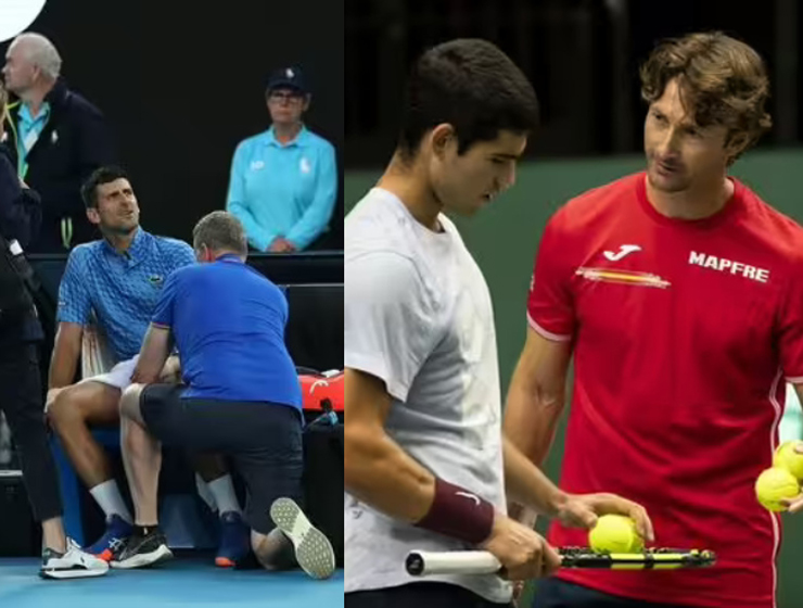 HLV Ferrero (áo đỏ) tỏ ra "khó tin" trước khả năng chịu đau phi thường của Djokovic