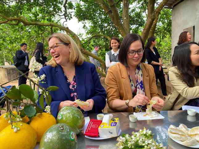 Hai Thứ trưởng Nông nghiệp Mỹ Alexis Taylor và Jenny Moffitt nếm thử bưởi Diễn tại vườn bưởi ở xã Cát Quế, Hoài Đức. (Ảnh: Thu Loan)