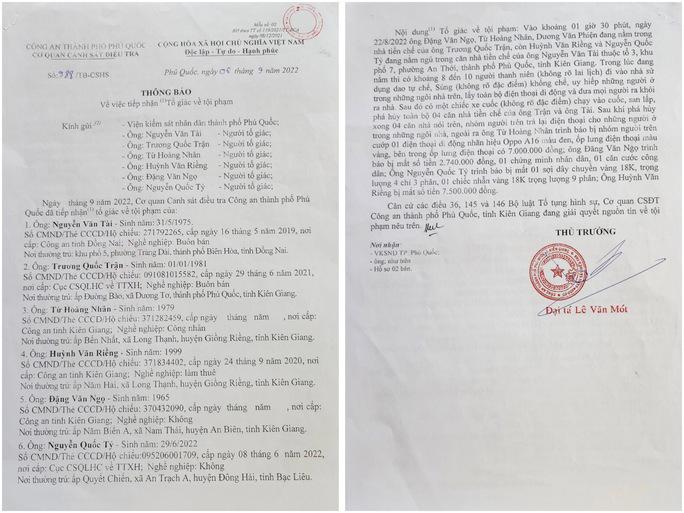 Thông báo tiếp nhận điều tra nguồn tin tố giác tội phạm của Công an TP Phú Quốc gần 5 tháng trước