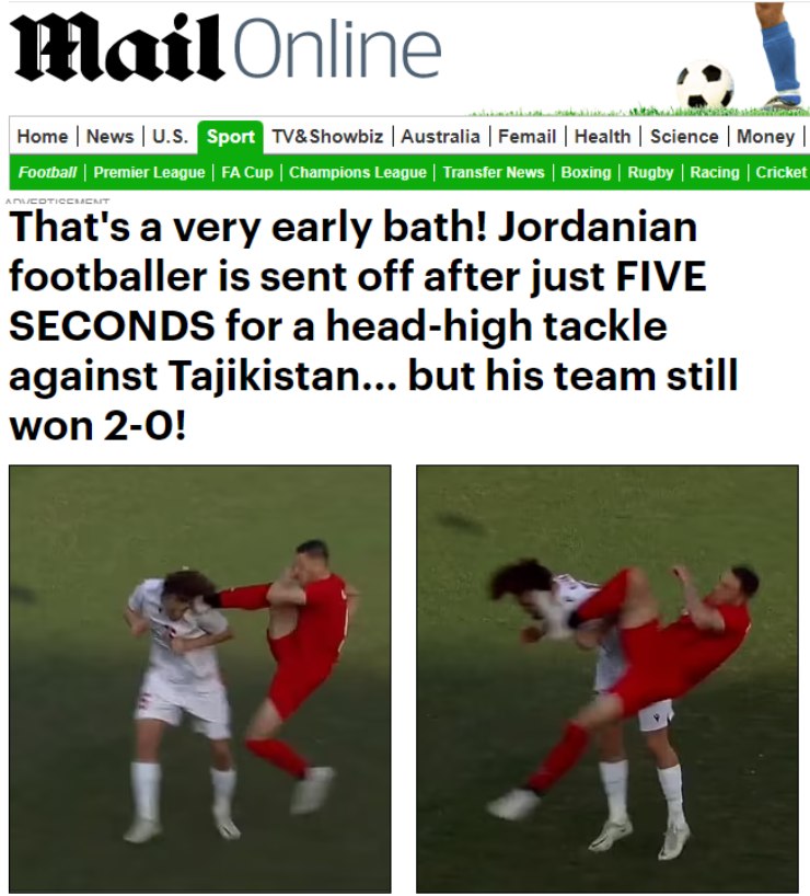 Báo chí châu Âu đưa tin về chiếc thẻ đỏ sau 5 giây của Baker Kamal Kalbouneh (U20 Jordan) ở VCK U20 châu Á
