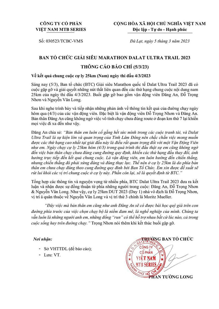Thông cáo của BTC giải&nbsp;Dalat Ultra Trail 2023 về việc tước huy chương nhà vô địch cự ly 25km nam