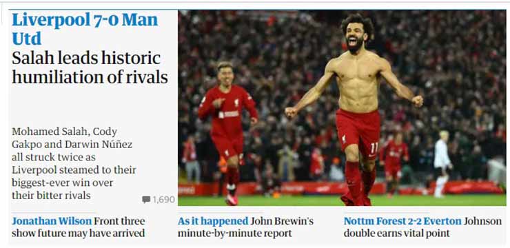"Salah dẫn đầu màn làm nhục đối phương lịch sử" - Tiêu đề bài viết trên tờ The Guardian