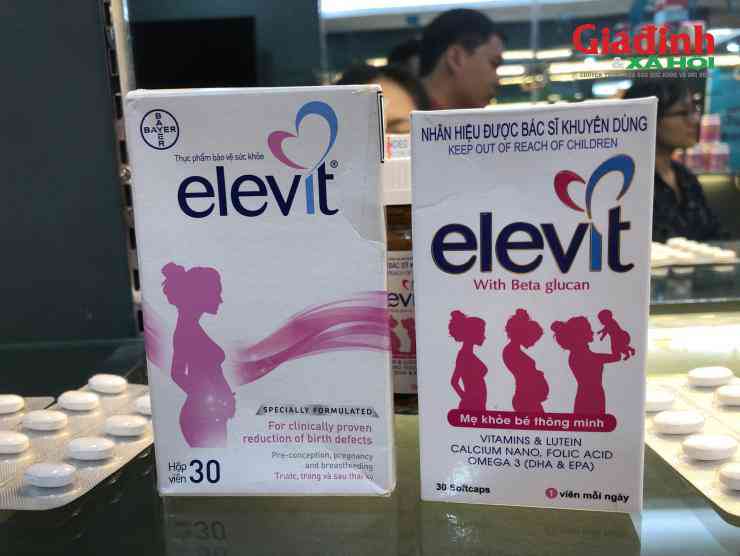 Cận cảnh sản phẩm thực phẩm bảo vệ sức khỏe elevit dành riêng cho bà bầu thật (trái) và giả (phải). Bà Nguyễn Minh Phương - Chánh văn phòng Tổng cục QLTT cho biết, điểm nhận biết thứ nhất với sản phẩm elevit là trên nhãn sản phẩm thật chỉ có 1 hình mẹ bầu với màu hồng nhẹ nhưng với sản phẩm giả bên trái lại có đến 4 hình người và màu sắc đậm.