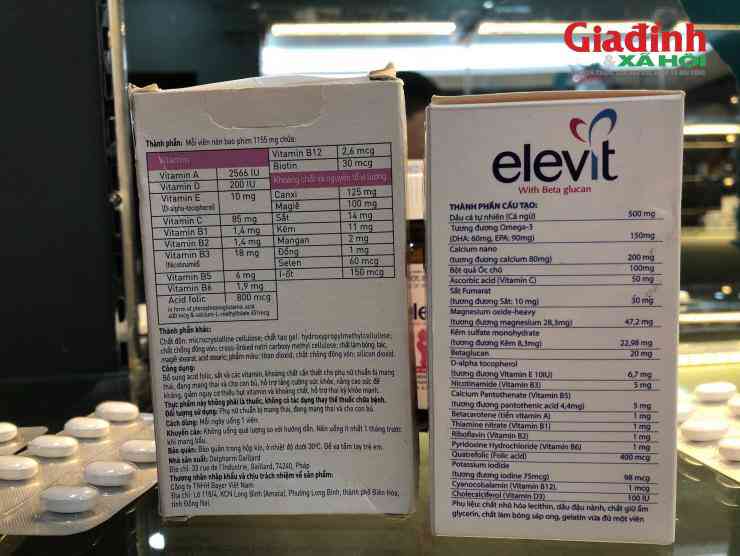 Điểm nhận biết thứ 3, trên bảng thành phần cấu tạo các vi chất, sản phẩm thật được trình bày gọn gàng bằng 2 bảng thành phần rõ rệt, kèm phía dưới là các thành phần khác và công dụng, đối tượng bổ sung... trong khi đó, sản phẩm giả bên phải lại có bảng thành phần phủ kín mặt bao bì.