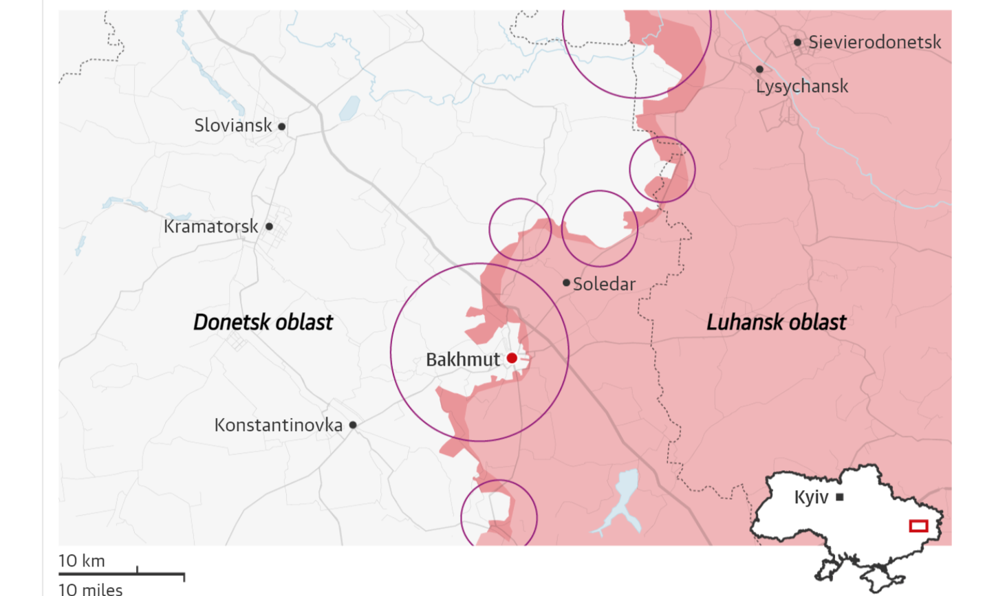 Thành phố Bakhmut trên bản đồ chiến tuyến Donetsk (ảnh: Guardian)