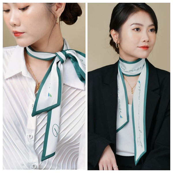 Khăn lụa Be your own muse dành riêng cho ngày quốc tế phụ nữ, lấy cảm hứng từ chiếc khăn xanh thắt nơ đặc trưng của các nữ tiếp viên Bamboo Airways
