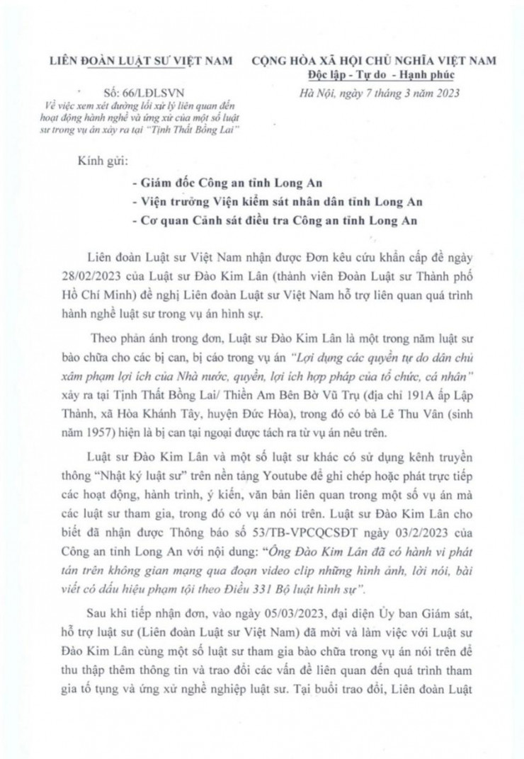 Văn bản về việc xem xét của Liên đoàn Luật sư Việt Nam. Ảnh: CQCC
