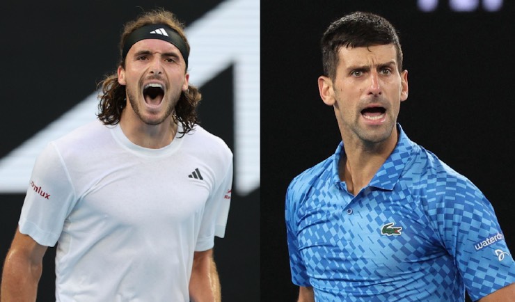 Tsitsipas (trái) không thể giành chiến thắng khi thi đấu trong tình trạng chấn thương như Djokovic (phải)