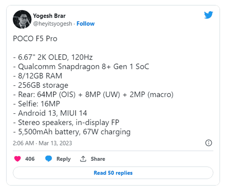 Thông số Poco F5 Pro được Yogesh Brar chia sẻ trên Twitter.
