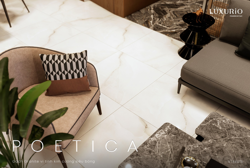 Hiệu ứng lấp lánh như mặt gương của gạch Granite vi tinh kim cương siêu bóng đem lại vẻ sang trọng cho mọi không gian