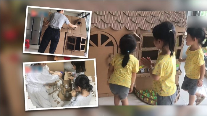 Chị Tian và các con gái cùng làm tòa lâu đài từ bìa carton. Ảnh: SCMP/ Weibo
